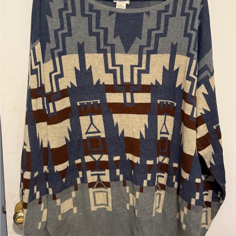 Tasha Polizzi Blue and Brown Geometric Sweater